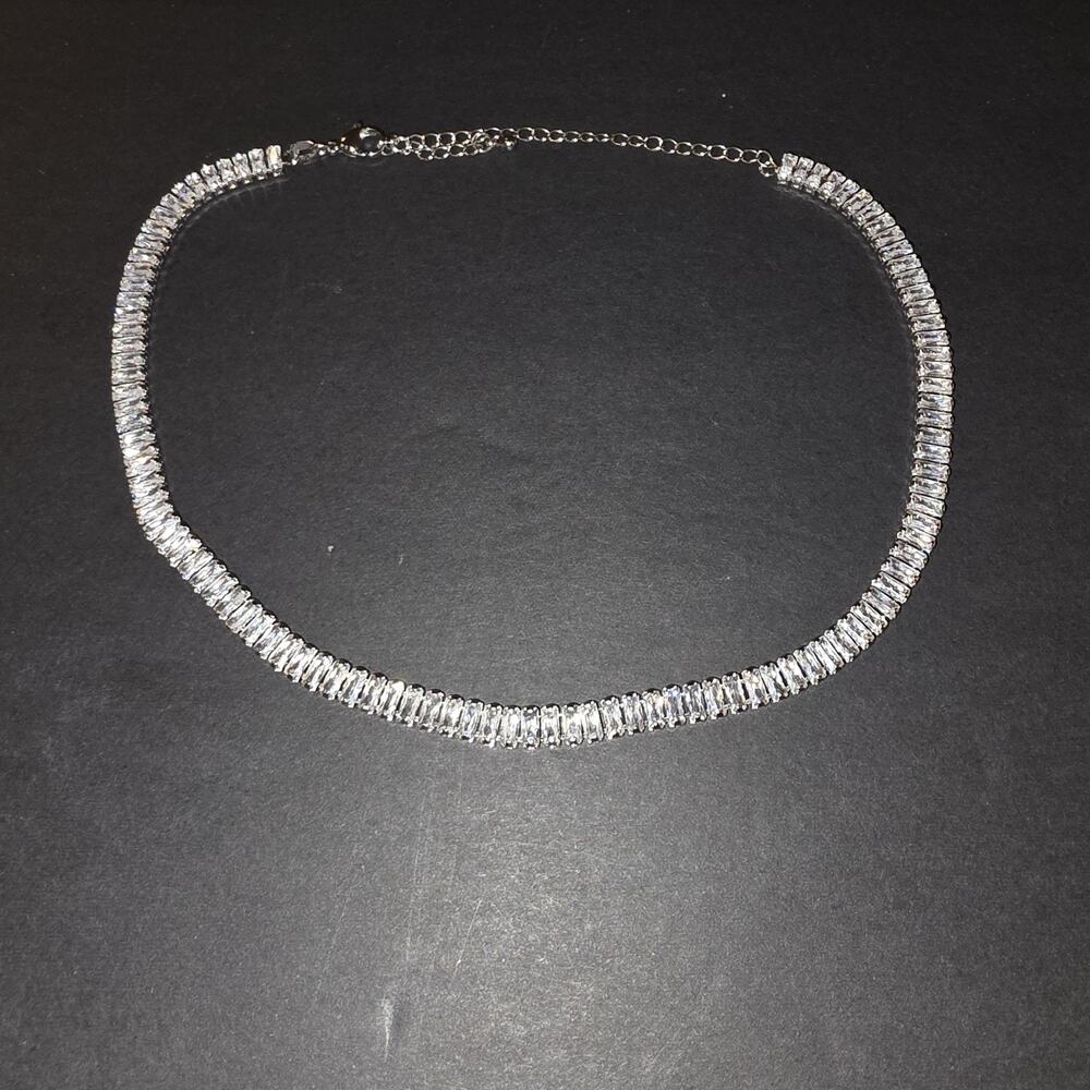 Baguette Rhinestone Tennis Collar Necklace Silver Tone Sparkly Statement Jewelry